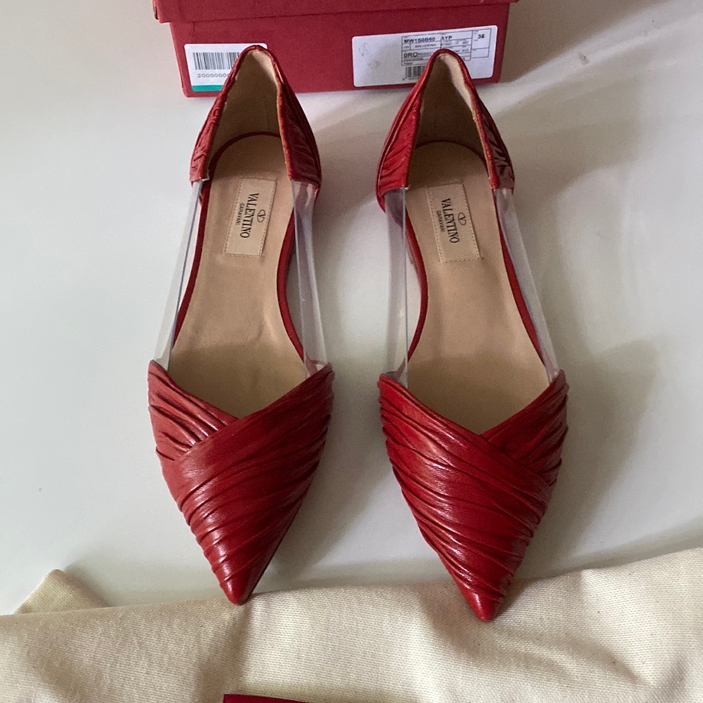 Valentino Red Leather And Pvc B Drape Pointed Toe Ballet Flats 36